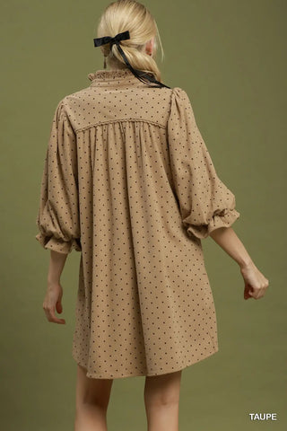 Swiss Dot Ruffle Neck Babydoll Dress