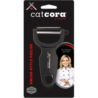 Black ergonomic Swiss-style peeler with German stainless steel blade in retail packaging