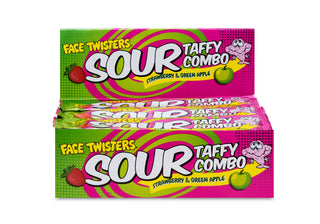 Face Twisters Sour Taffy Combo bars, strawberry and green apple flavor, pink and green box