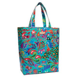 Consuela Grab N Go Basic tote in Tasha pattern, vibrant turquoise with colorful floral design