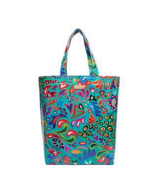 Consuela Grab N Go Basic tote in Tasha pattern, teal background with vibrant multicolor floral design