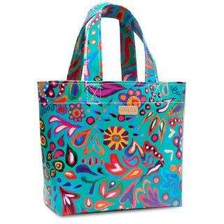 Consuela Grab N Go Mini tote in Tasha, vibrant teal base with colorful floral and paisley print