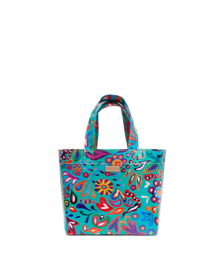 Consuela Grab N Go Mini tote bag in Tasha pattern with vibrant multicolor floral design on turquoise background