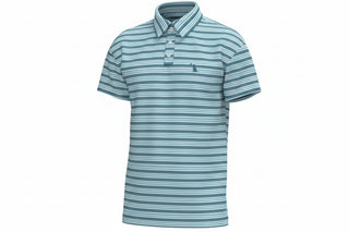 Blue striped polo shirt with a brand logo 