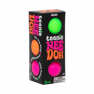 Side angle of teenie NEE DOH 3 pack box displaying green and pink spheres with flavor names