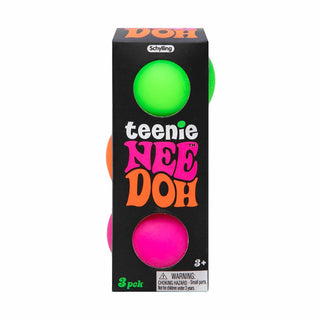 Front view of Schylling teenie NEE DOH 3 pack box featuring bright green and hot pink squishy toys
