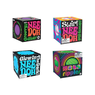 Four colorful boxes of Nee Doh play dough with different designs 