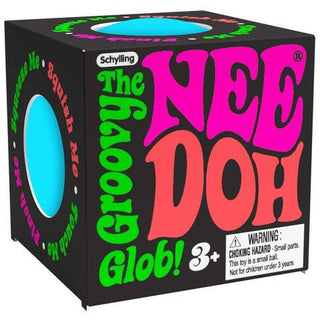 Box of Schylling Groovy Nee Doh Glob toy with colorful text and warning label.
