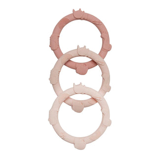 Pink silicone teething ring set with animal embossments and matte finish
