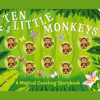 Ten Little Monkeys board book cover with ten brown monkeys in green jungle scene and glossy textured finish