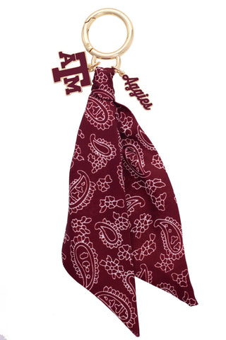 Texas A&M Aggies maroon paisley bandana bag charm with gold ring and logo charms