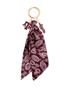 Texas A&M Aggies maroon paisley bandana bag charm with gold ring and ATM logo charms