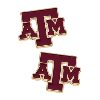 Texas A&M maroon and gold enamel stud earrings with shiny 18K triple plated gold finish