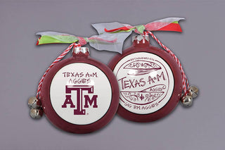 Texas A&M Aggies maroon ceramic Christmas ornaments with jingle bells and ribbons