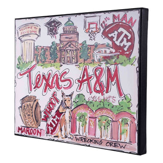 Texas A&M colorful landmark canvas artwork featuring campus buildings, mascot and Aggie symbols