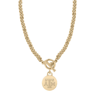 Texas A&M gold toggle chain necklace with engraved ATM logo coin charm
