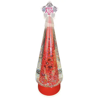 Texas A&M spinning water globe tree with maroon ATM star topper and glitter swirl