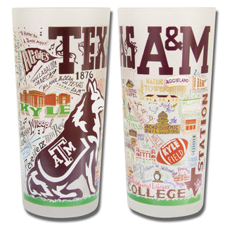 Catstudio Texas A&M University frosted glass tumbler showing campus landmarks and Aggie mascot