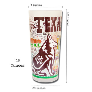 Texas A&M University 15-ounce frosted glass with Reveille mascot and campus illustrations by Catstudio