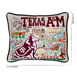 Catstudio Texas A&M University embroidered pillow featuring Reveille mascot and campus landmarks, 16x20 inches