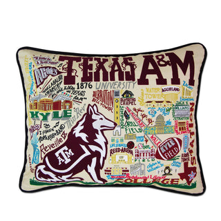 Catstudio Texas A&M University embroidered decorative pillow featuring Reveille mascot and campus landmarks