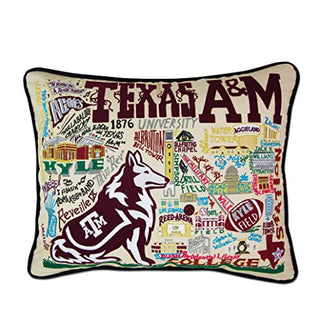Catstudio Texas A&M University embroidered decorative pillow featuring Reveille mascot and campus landmarks