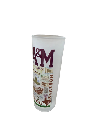 Frosted Texas A&M College Station shot glass with campus landmarks illustration