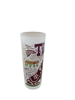 Frosted Texas A&M University shot glass with maroon Aggies ATM logos and 1876 text