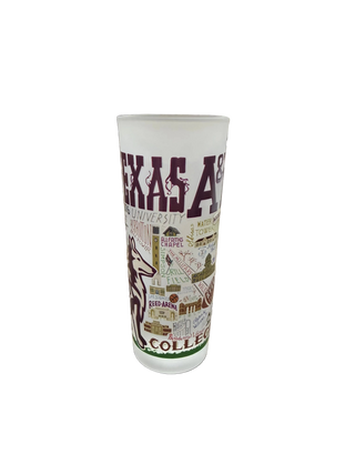 Frosted Texas A&M University tall shot glass with maroon campus landmarks design