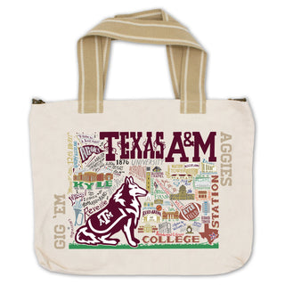 Catstudio Texas A&M University canvas tote bag with illustrated campus landmarks and Reveille mascot