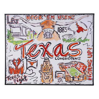 Texas Longhorns canvas art featuring Bevo mascot, Hook Em Horns slogan, and landmark illustrations
