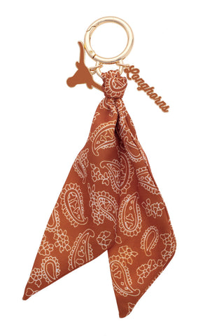 Texas Longhorns paisley bandana bag charm with gold ring and logo charms