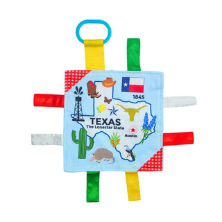 Texas State Facts Crinkle Toy with map, cowboy hat, longhorn icons and gingham corners