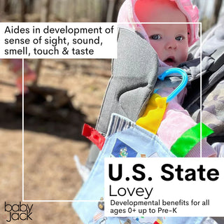 Baby holding New Jersey state flag sensory lovey in carrier with colorful ribbons