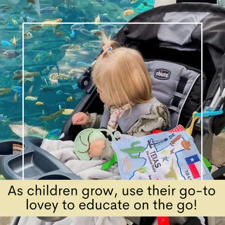 Toddler in stroller holding Texas map outline sensory lovey with icons and ribbons