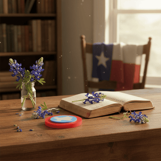 Texas sticky notes with acrylic holder styled with bluebonnets and leather journal in warm golden light