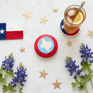Texas sticky notes flat lay with Texas flag, lone star accents, and sweet tea on white marble