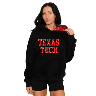 Women's black Texas Tech hoodie with red polka dot embroidered lettering and matching hood lining
