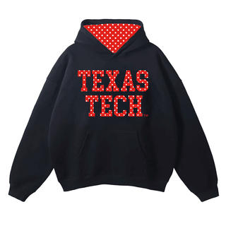 Texas Tech black hoodie with red polka dot lettering and matching hood lining