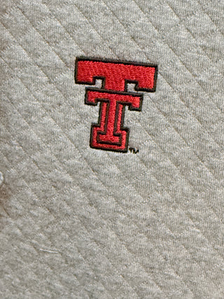 Gray quilted hoodie with embroidered red Texas Tech double-T logo