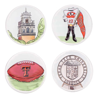Set of four ceramic coasters with Texas Tech University-themed designs 