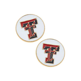 Texas Tech Disc Stud Earrings with red black TT logo on white enamel and worn gold border