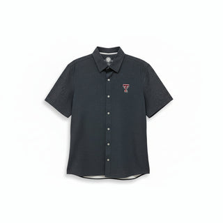black patterned button-up shirt with a texas tech logo