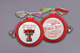 Texas Tech Red Raiders red ceramic Christmas ornament front and back views with bells