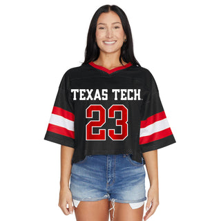Texas Tech #23 black cropped football jersey with red and white sleeve stripes