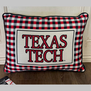 Texas Tech Gingham Pillow with red black white gray check and TEXAS TECH text on polyester