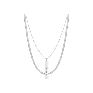 Silver layered necklace with herringbone chain and Texas Tech engraved bar pendant