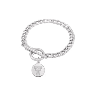 Silver curb chain bracelet with toggle clasp and Texas Tech double T charm