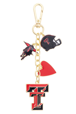 Texas Tech Red Raiders bag charm with TT logo, mascot, helmet, and heart charms on gold chain