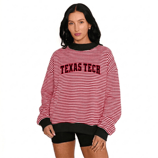 Texas Tech red and white striped mock neck sweatshirt with black trim
